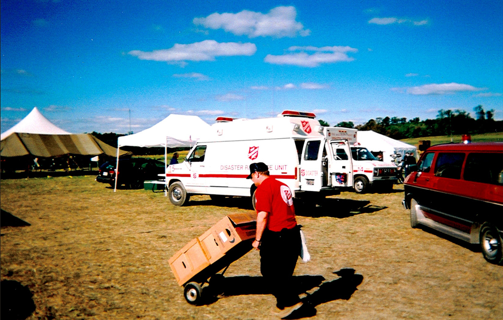 Salvation Army Disaster Response Unit vehicles and tents set up near the Flight 93 crash site.