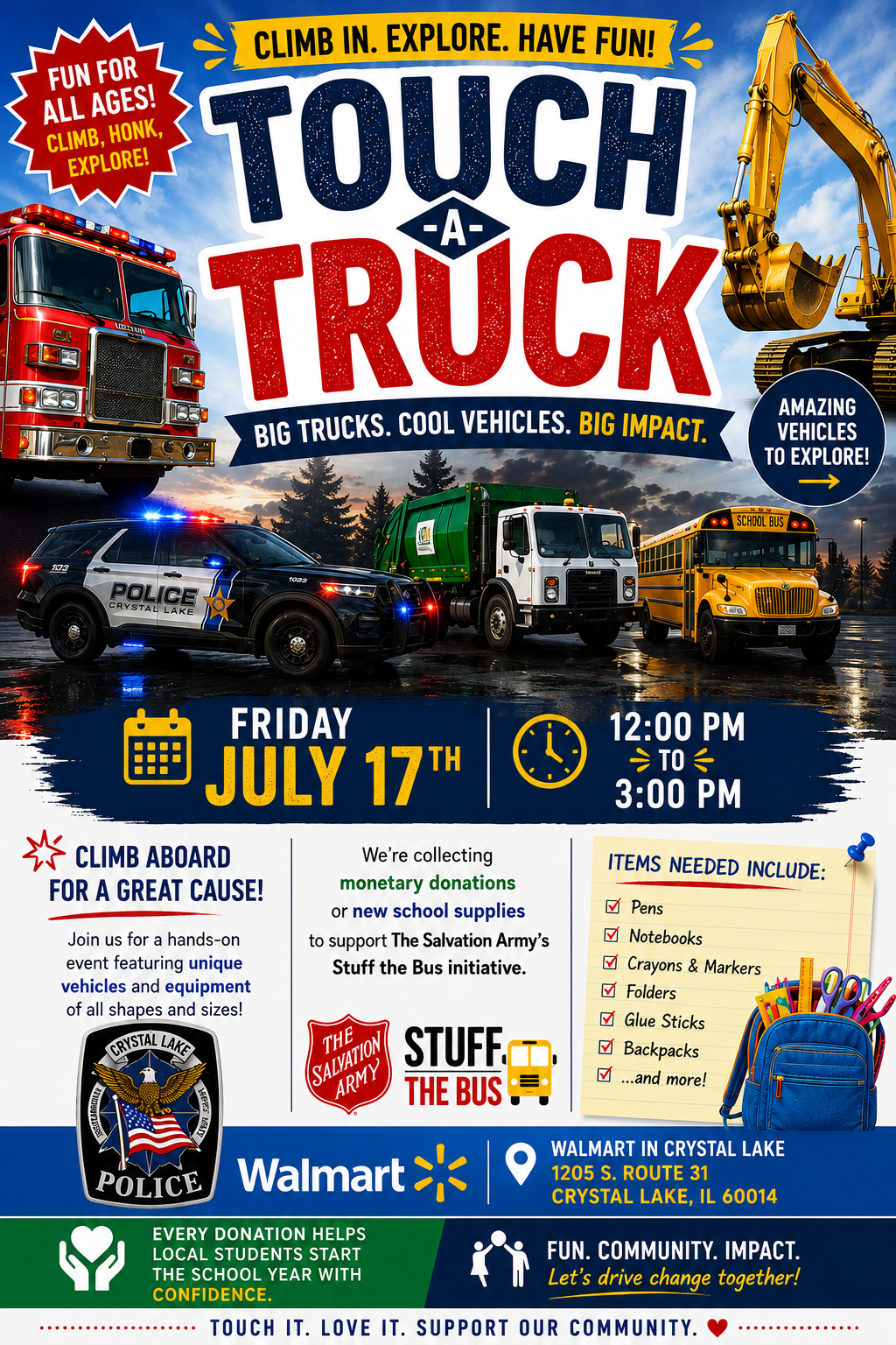 Touch a Truck and Stuff the Bus event flyer - Crystal Lake/ McHenry county - North and Central Illinois division.